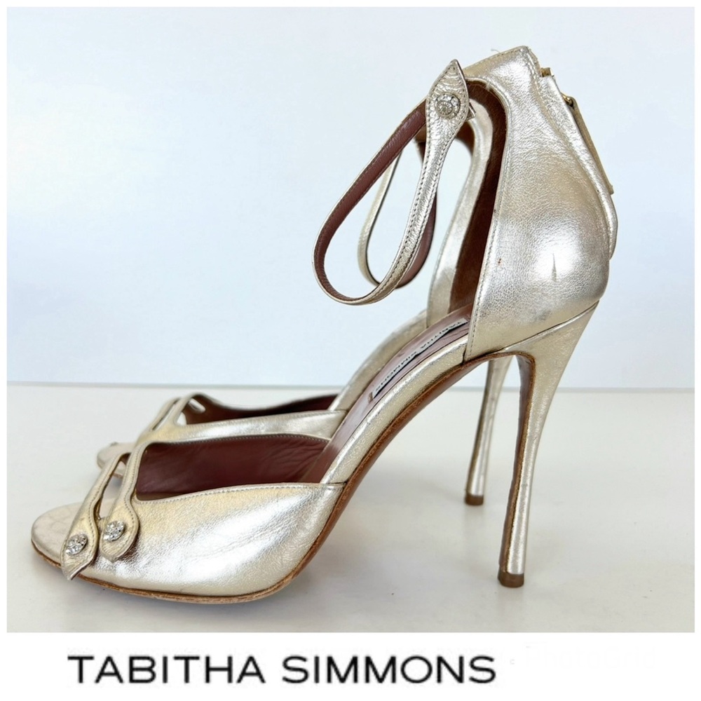 TABITHA SIMMONS D'orsay Metallic Leather Crystal Stud Open Toe Sandal Heel Sz 40